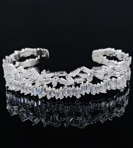 Luxury Double Layer Open Cuff Bracelet with Sparkling Synthetic Zirconia Stones