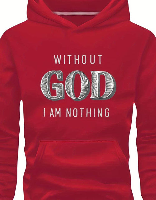Load image into Gallery viewer, Men Green Graphic Hoodie - &quot;Without God I Am Nothing&quot; Print, Long Sleeve Pullover with Front Pocket, Casual Fall/Winter Wear, Polyester Knit Fabric
