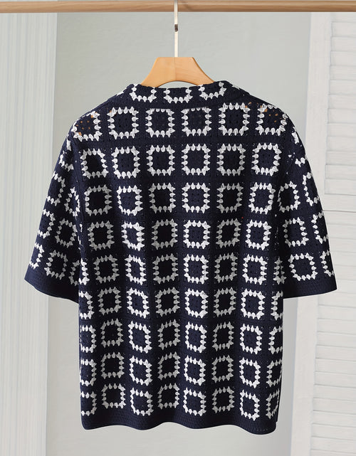 Load image into Gallery viewer, Men&#39;s Geometric Crochet Cardigan - Black &amp; White Contrast Short Sleeve Open Front Button Detail, Relaxed Fit Casual All-Season Knit Sweater, Versatile Fashion, Classic Turndown Collar, Elegant Button Closure
