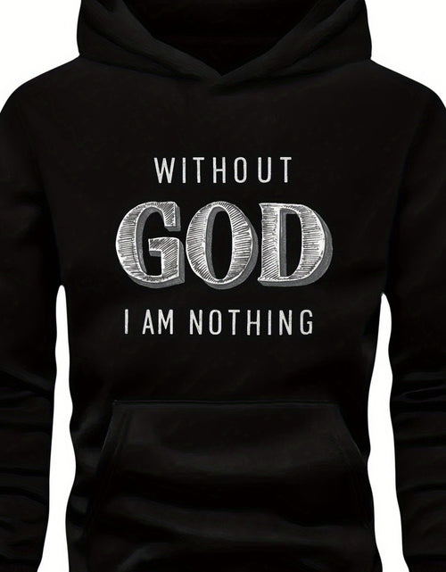 Load image into Gallery viewer, Men Green Graphic Hoodie - &quot;Without God I Am Nothing&quot; Print, Long Sleeve Pullover with Front Pocket, Casual Fall/Winter Wear, Polyester Knit Fabric
