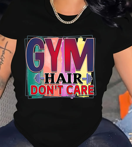 Plus Size Women's "Gym Hair Don't Care" Graphic Tee - Colorful Design, Comfortable & Machine Washable