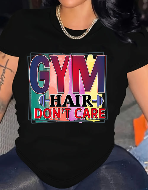 Load image into Gallery viewer, Plus Size Women&#39;s &quot;Gym Hair Don&#39;t Care&quot; Graphic Tee - Colorful Design, Comfortable &amp; Machine Washable

