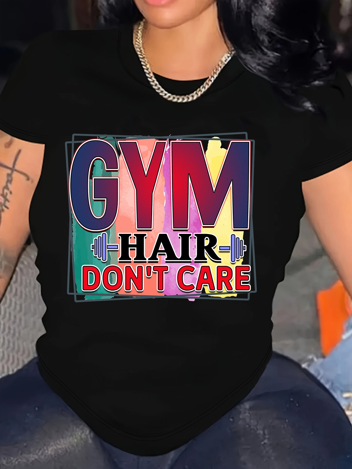 Plus Size Women's "Gym Hair Don't Care" Graphic Tee - Colorful Design, Comfortable & Machine Washable