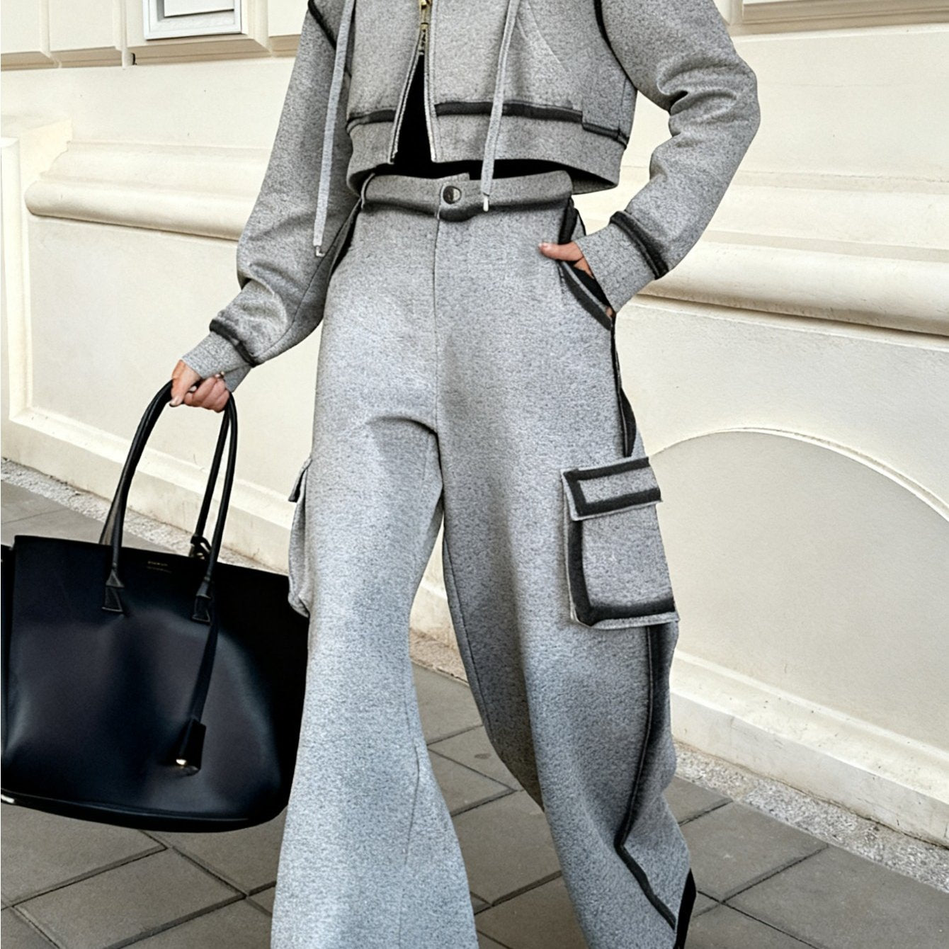 Gray Cropped Hooded Zipper Contrast Black Stripe Top + Utility Wide-Leg Pants Women's Set | Edgy Utility Niche Design, Ideal for Trendy Streetwear, Casual Gatherings & Daily Styling Looks