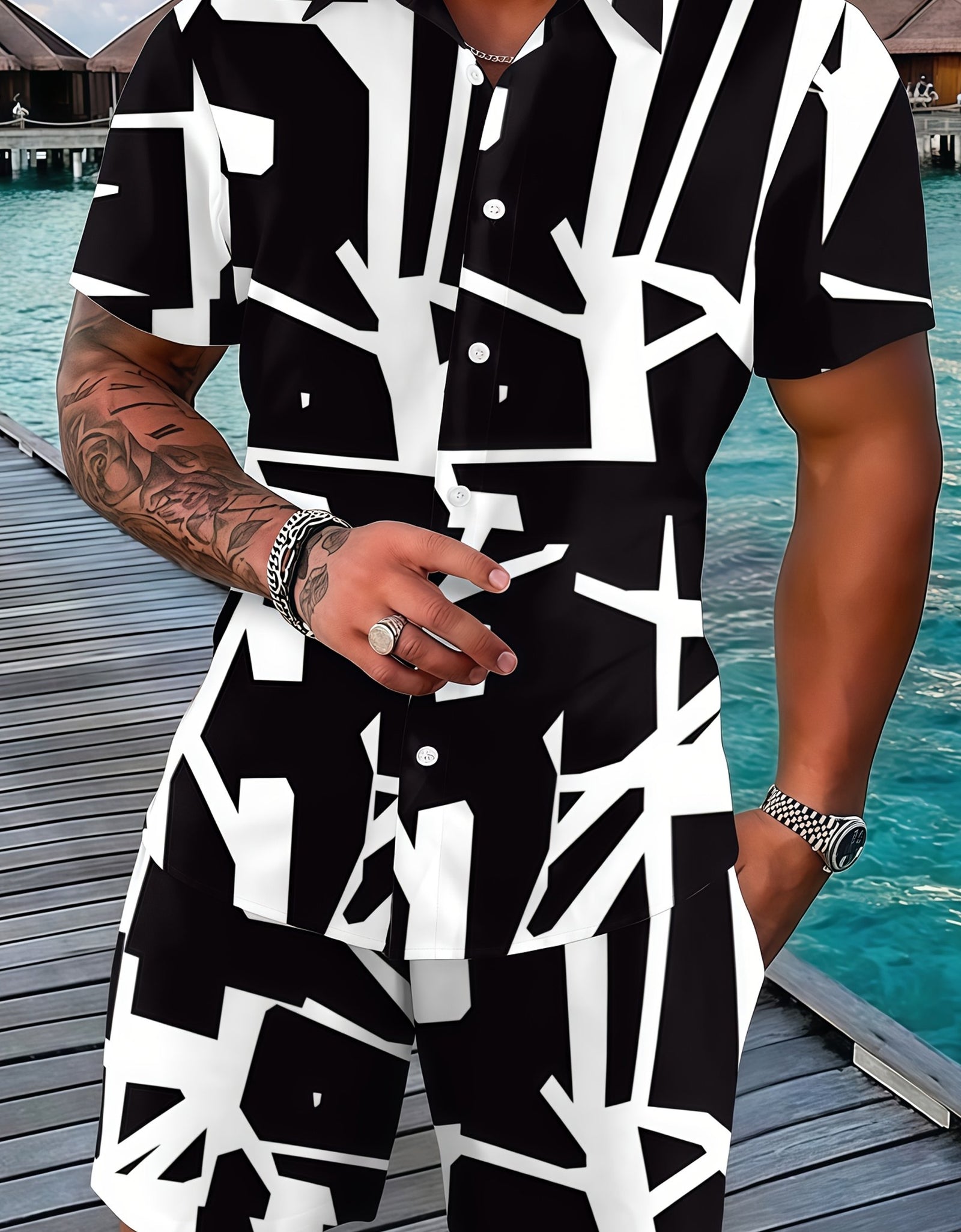 Fashionable And Comfortable Men Beach Vacation Printed Short-sleeved Short Pants Set