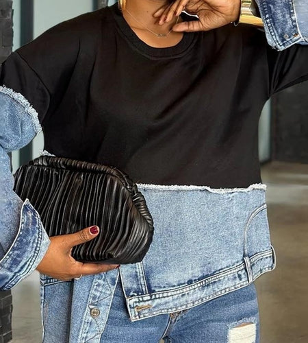 Women's Oversized Denim Patchwork Jacket-like Top - Casual Long Sleeve Crew Neck Blazer with Asymmetrical Collar, Fringe-Free Patchwork Design (No Chest Padding), All-Season Versatile Wear, Hand Washable Jeans-Inspired Blouse