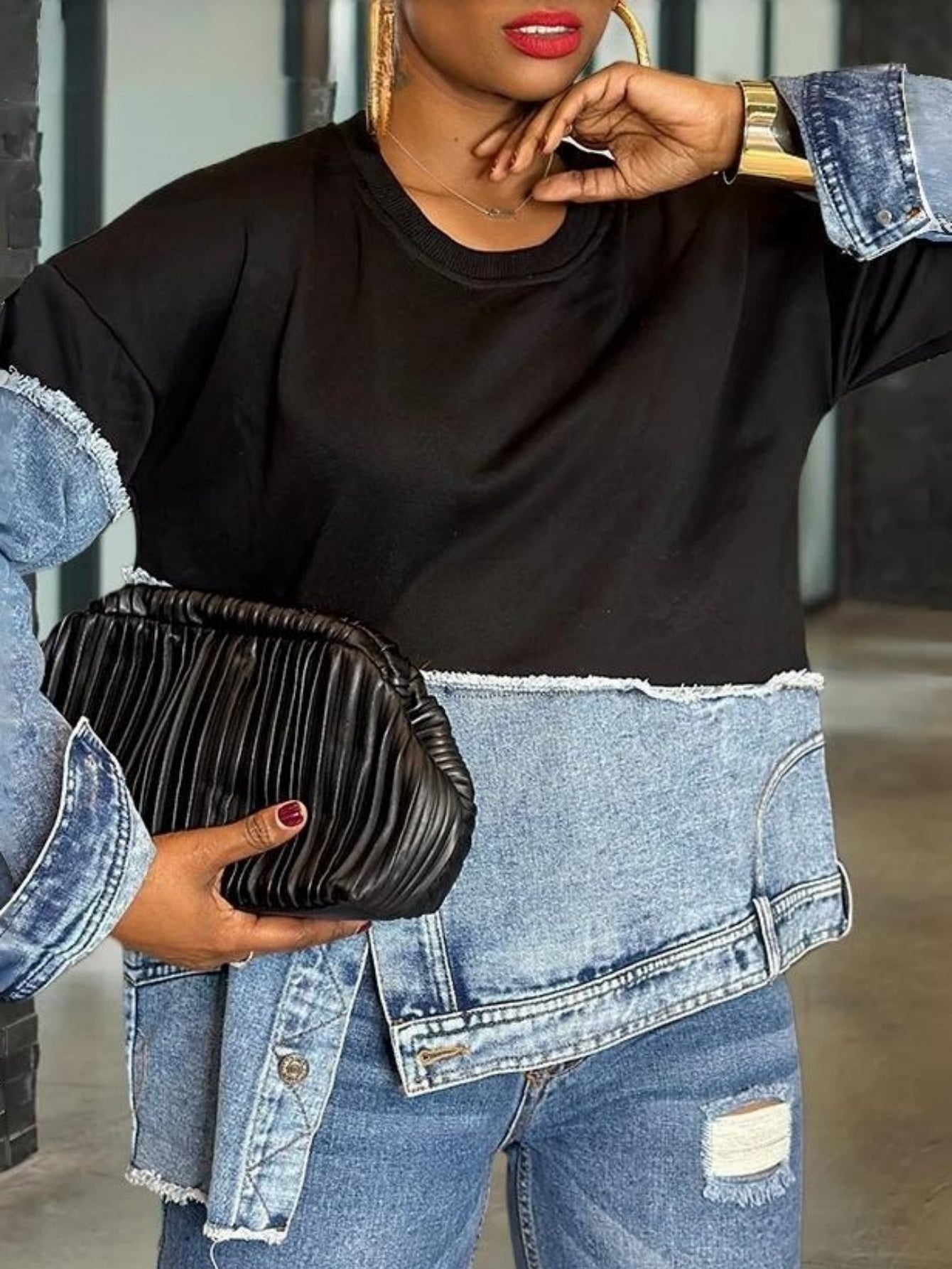 Women's Oversized Denim Patchwork Jacket-like Top - Casual Long Sleeve Crew Neck Blazer with Asymmetrical Collar, Fringe-Free Patchwork Design (No Chest Padding), All-Season Versatile Wear, Hand Washable Jeans-Inspired Blouse