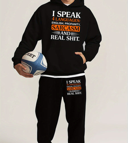 Men's Casual Printed Hoodie and Sweatpants Set- 100% Polyester Knit Fabric, Long Sleeve, Regular Fit, Slight Stretch, Fall Winter Collection, Trendy Graphic Sweatsuits with Drawstring