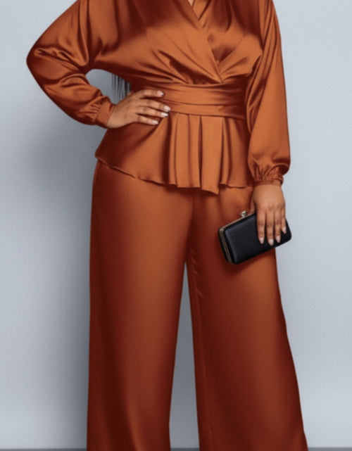 Load image into Gallery viewer, Plus Size, Plus - Size Women&#39;s Satin V - Neck Top &amp; Wide - Leg Pants Two - Piece Set |The waist design adds layers Very Fashionable
