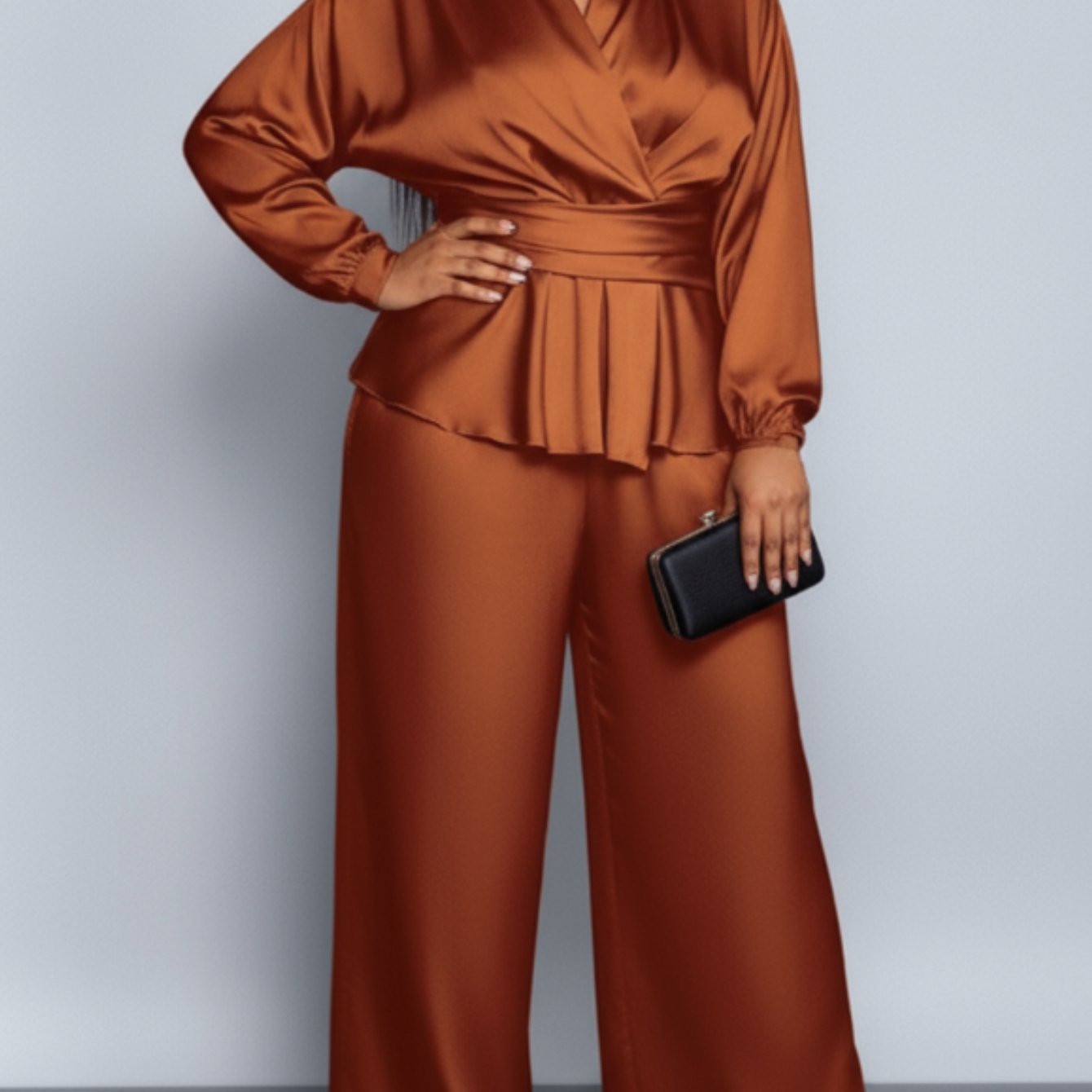 Plus Size, Plus - Size Women's Satin V - Neck Top & Wide - Leg Pants Two - Piece Set |The waist design adds layers Very Fashionable
