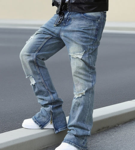 Men's straight-leg distressed jeans- mid-rise, stretch blend, leg zipper design, street style, ripped details, comfortable and versatile,  stylish long pants Slim-fit jeans Durable fabric