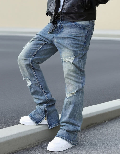 Load image into Gallery viewer, Men's straight-leg distressed jeans- mid-rise, stretch blend, leg zipper design, street style, ripped details, comfortable and versatile,  stylish long pants Slim-fit jeans Durable fabric
