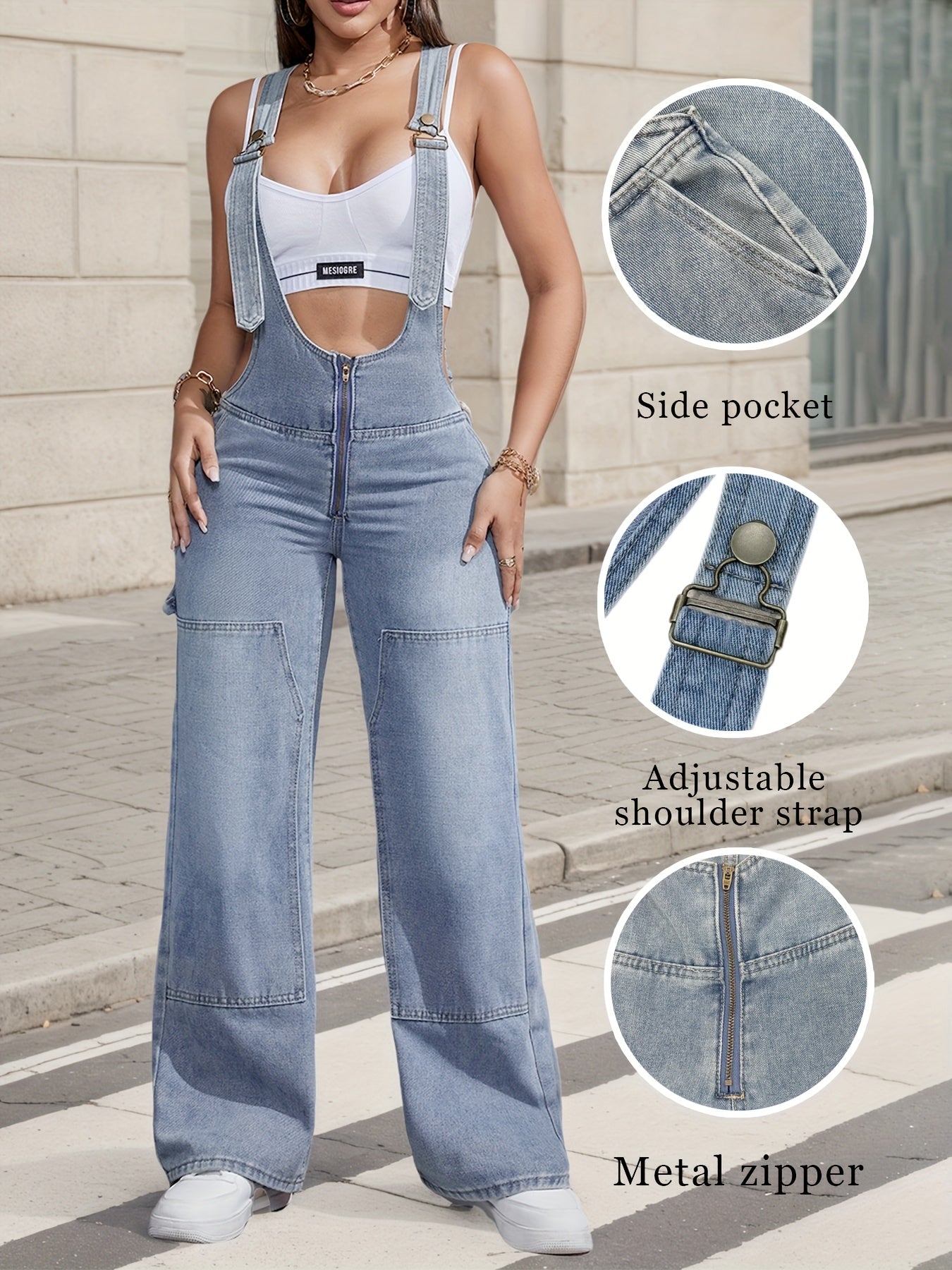 2025 New Women'S Sexy Adjustable Strap Denim Romper Casual Sleeveless High-Waisted Cargo Jeans