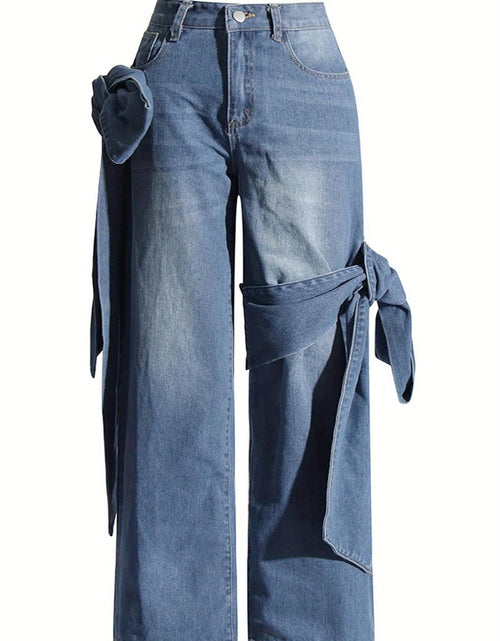 Load image into Gallery viewer, Women&#39;s High-Waisted Wide-Leg Jeans with Bow Tie Detail - Vintage Washed Denim, Y2K Streetwear Style, Machine Washable Straight-Leg Pants
