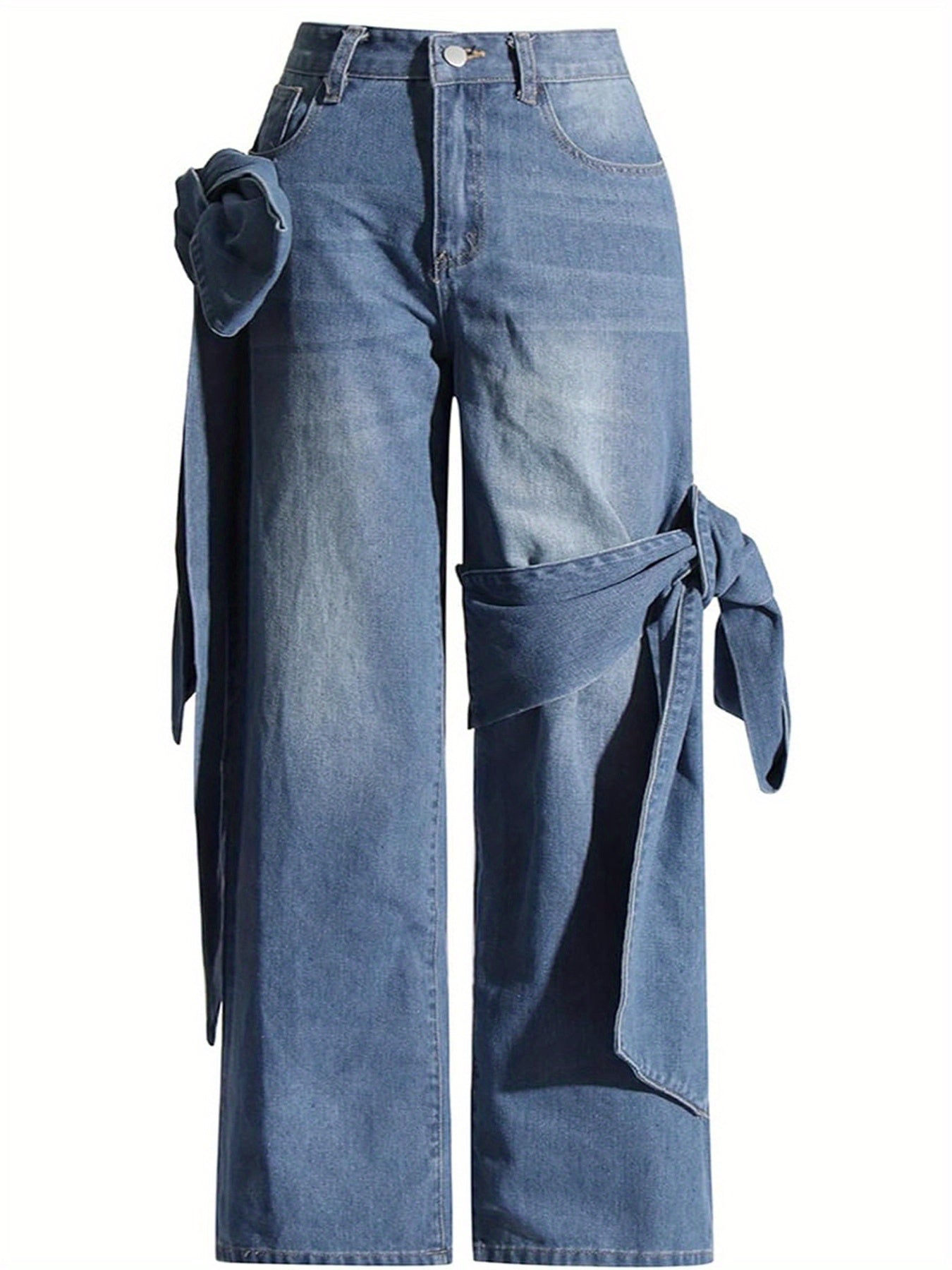 Women's High-Waisted Wide-Leg Jeans with Bow Tie Detail - Vintage Washed Denim, Y2K Streetwear Style, Machine Washable Straight-Leg Pants
