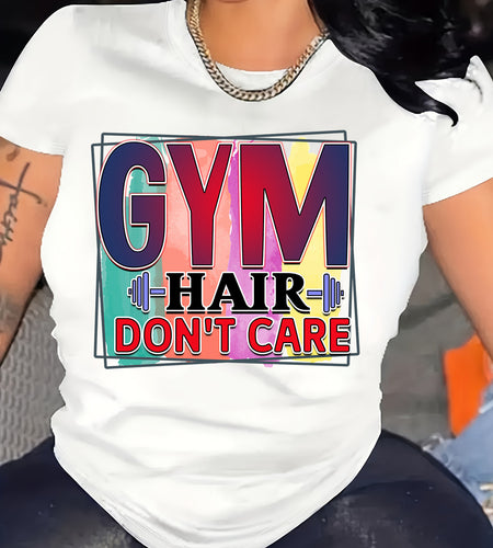 Plus Size Women's "Gym Hair Don't Care" Graphic Tee - Colorful Design, Comfortable & Machine Washable