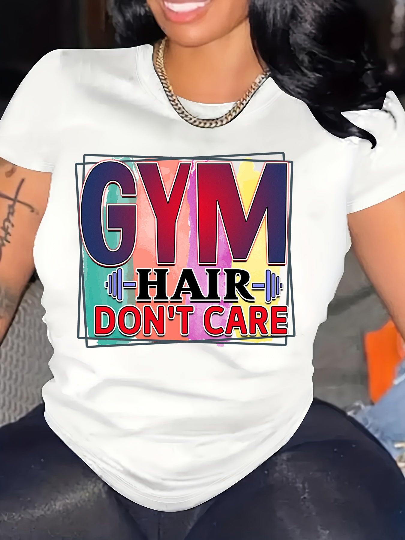 Plus Size Women's "Gym Hair Don't Care" Graphic Tee - Colorful Design, Comfortable & Machine Washable