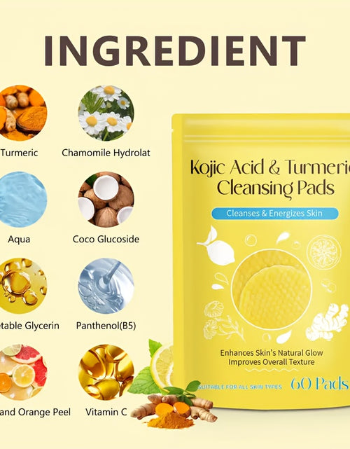 Load image into Gallery viewer, Kojic Acid &amp; Turmeric Cleansing Pads: 60 Pads with Double-Sided Texture for All Light Beige Types - Gentle, Non-Irritating, And Infused with Curcumin, Chamomile, And Turmeric for A Natural Glow
