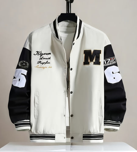 Plus Size Men Baseball Jacket, Casual Polyester Stand Collar with Snap Closure, Non-Stretch Woven Fabric, Loose Fit, with Monogram Patches, for Spring/Fall - Men Sports & Active