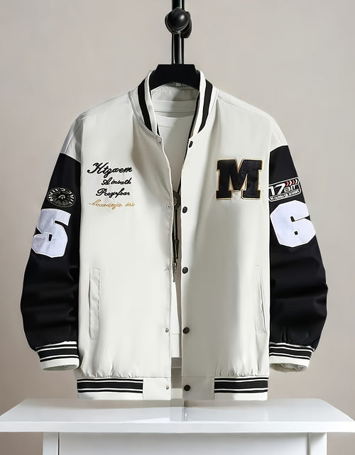 Load image into Gallery viewer, Plus Size Men Baseball Jacket, Casual Polyester Stand Collar with Snap Closure, Non-Stretch Woven Fabric, Loose Fit, with Monogram Patches, for Spring/Fall - Men Sports &amp; Active
