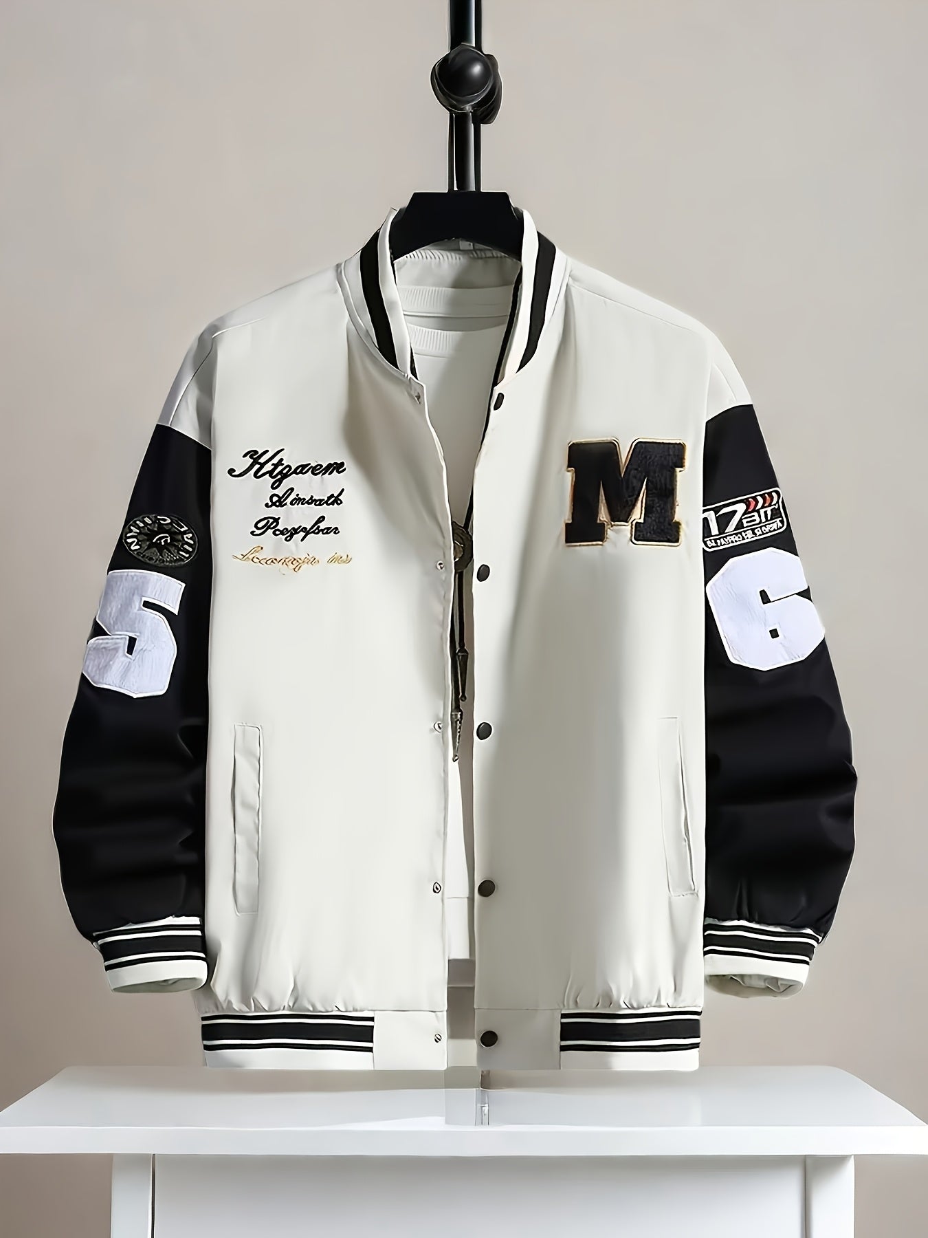 Plus Size Men Baseball Jacket, Casual Polyester Stand Collar with Snap Closure, Non-Stretch Woven Fabric, Loose Fit, with Monogram Patches, for Spring/Fall - Men Sports & Active