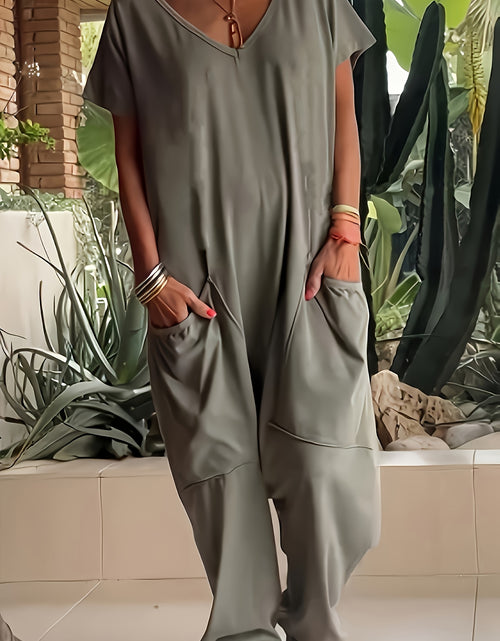 Load image into Gallery viewer, [Polyester Jumpsuit] Lightweight Polyester Women&#39;s Casual V-Neck Short Sleeve Knit Jumpsuit with Pockets - Solid Color Loose Fit One-Piece Loungewear for Spring/Summer, Relaxed Fit Clothing
