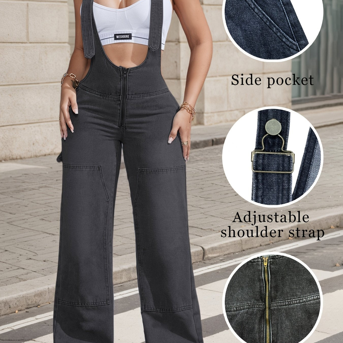 2025 New Women'S Sexy Adjustable Strap Denim Romper Casual Sleeveless High-Waisted Cargo Jeans