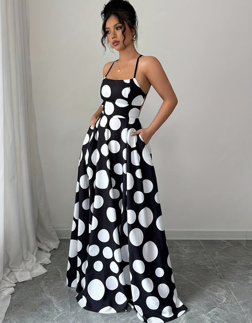 Load image into Gallery viewer, Women Sleeveless Black and White Polka Dot Maxi Dress with Tie Back Detail - Perfect for Spring/Summer/Fall, Vacation Style, Regular Fit, ,Flared Hem, Adult Size, Vacation Attire |Flared Hemline |Backless Dress
