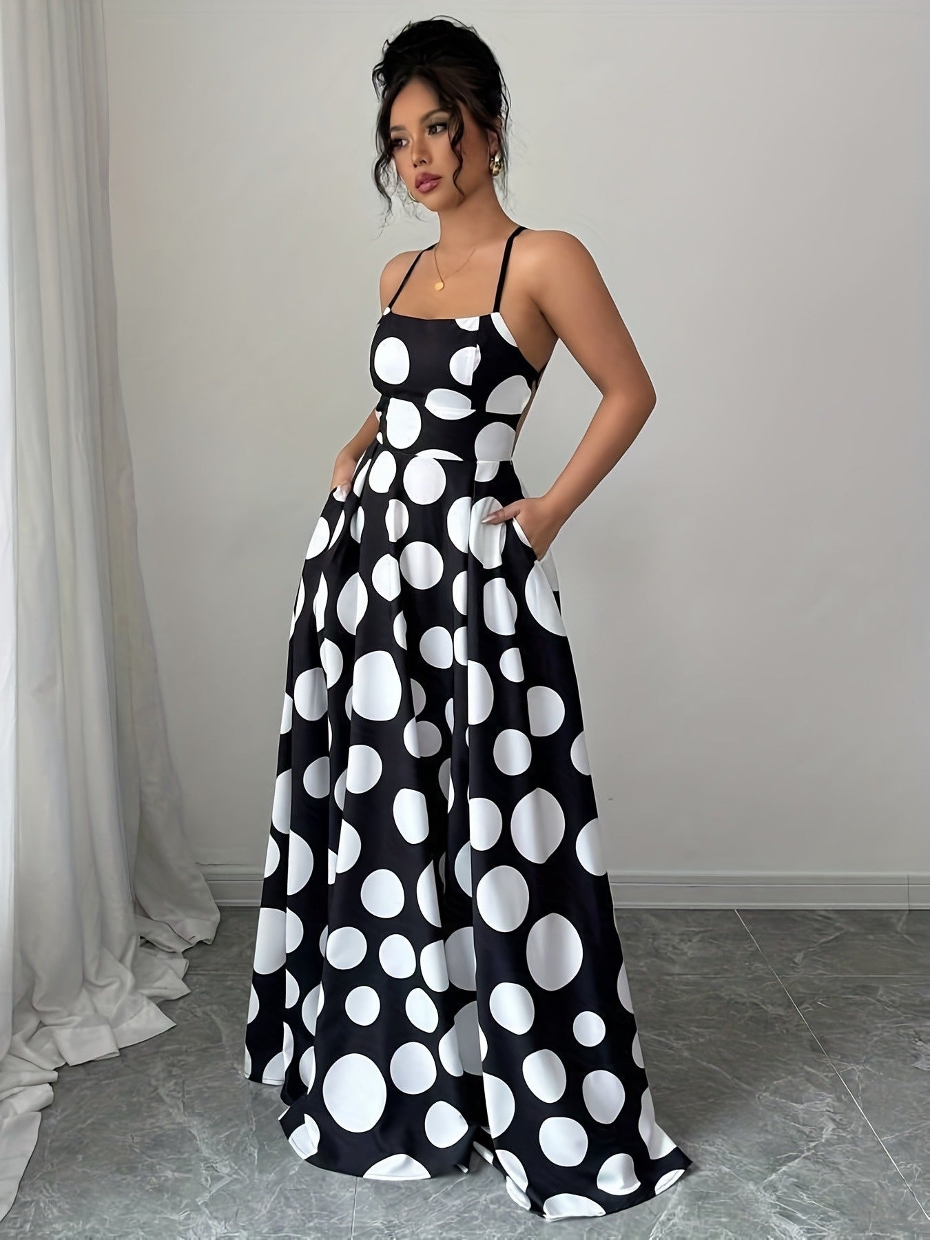 Women Sleeveless Black and White Polka Dot Maxi Dress with Tie Back Detail - Perfect for Spring/Summer/Fall, Vacation Style, Regular Fit, ,Flared Hem, Adult Size, Vacation Attire |Flared Hemline |Backless Dress