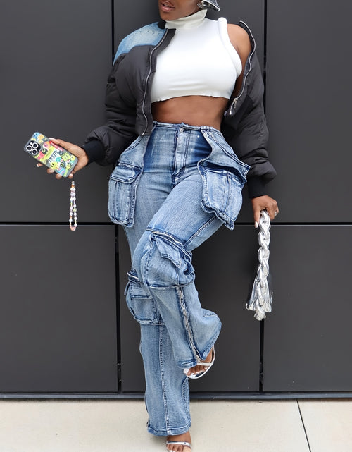 Load image into Gallery viewer, Women Y2K High Waisted Cargo Jeans - Stretch Denim Pants With Flap Pockets, Straight Leg Baggy Streetwear &amp; Casual Comfort
