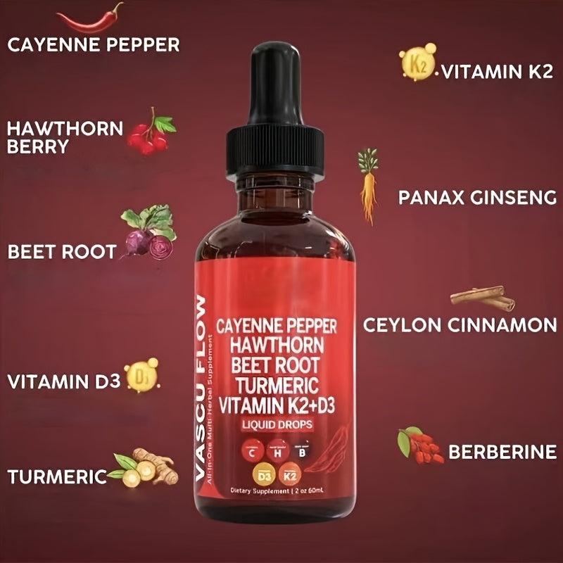 CAYENNE PEPPER, HAWTHORN, BEET ROOT, TURMERIC, VITAMIN K2+D3, ALL-IN-ONE LIQUID DROPS, EASILY MIX WITH SALAD, SMOOTHIES, SANDWICH, DROPS, COFFEE, 60ML