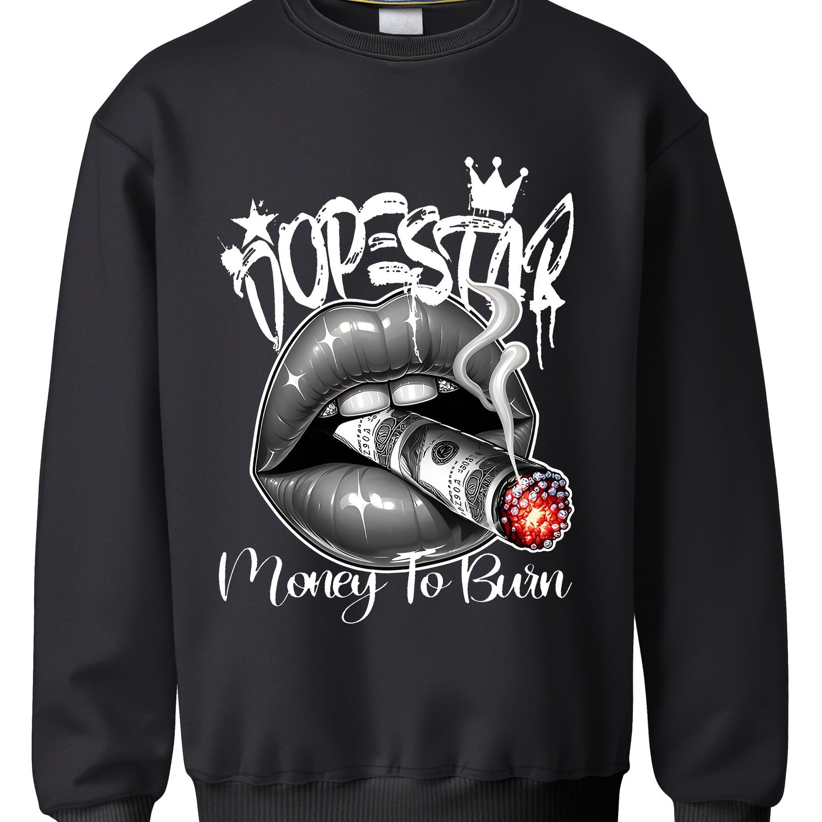 Single-sided Printing Round Neck Sweater, Money Burning Graphic Printing Retro Sweater, Loose Casual, Autumn And Winter Comfortable Wearing Sweater For Men