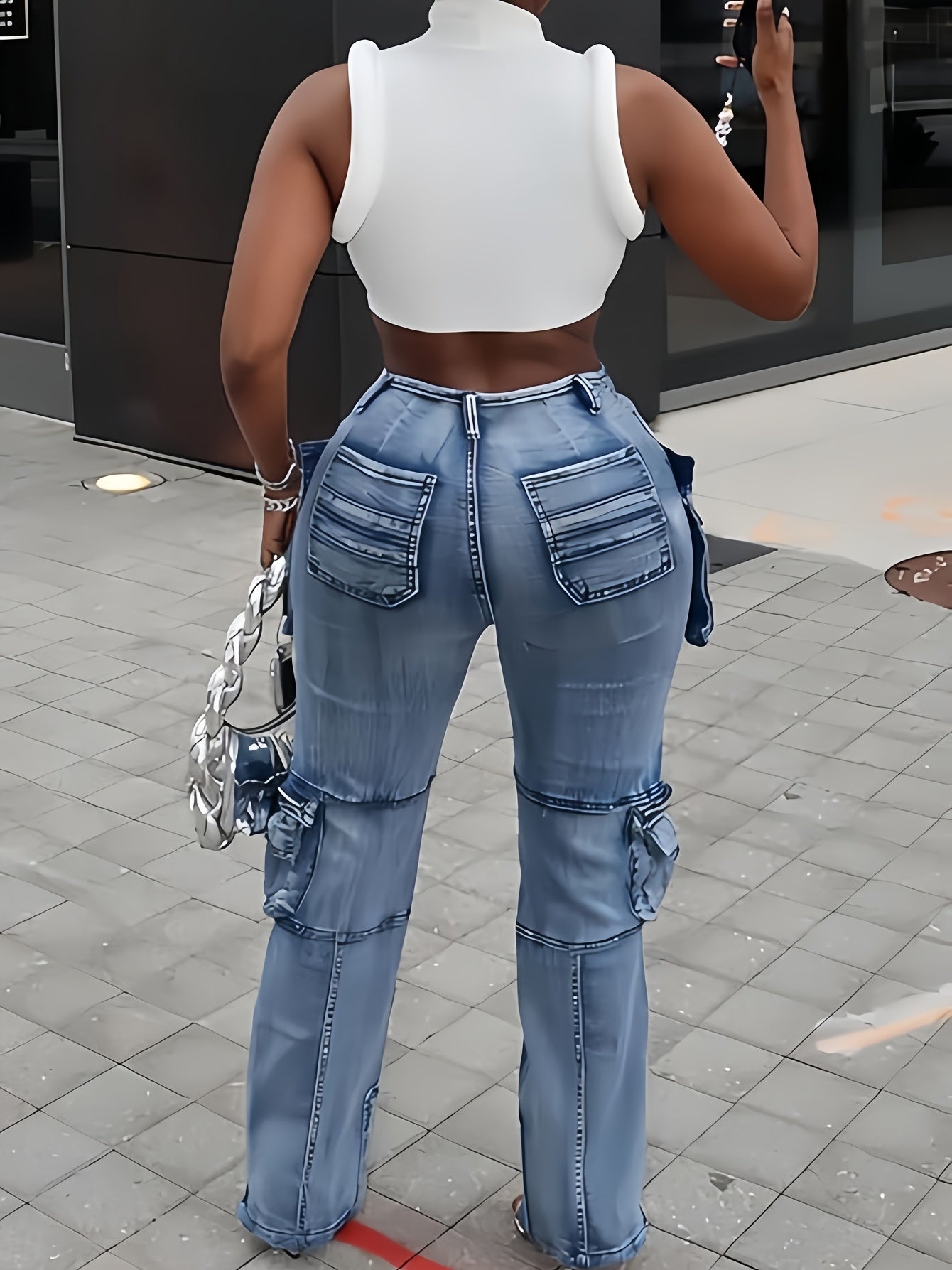 Women Y2K High Waisted Cargo Jeans - Stretch Denim Pants With Flap Pockets, Straight Leg Baggy Streetwear & Casual Comfort