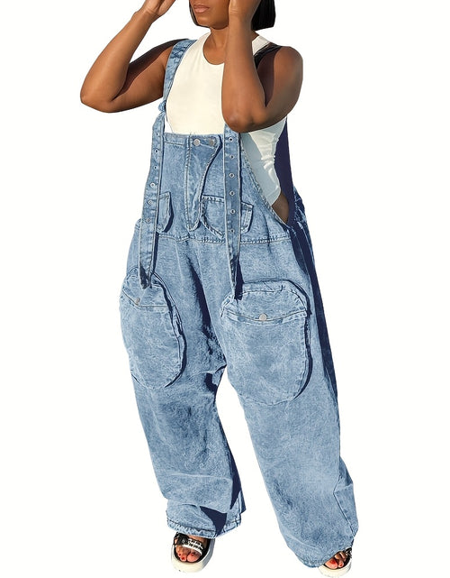 Load image into Gallery viewer, Women&#39;s High-Waisted Bib Denim Overalls Jumpsuit - Loose Wide-Leg Jeans with Cargo Pockets, Adjustable Straps &amp; Metal Buckles, 98% Cotton, Machine Washable for Casual Streetwear
