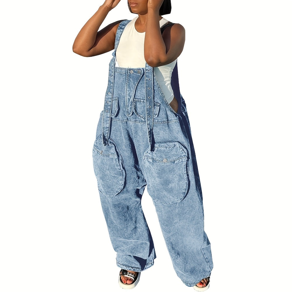 Women's High-Waisted Bib Denim Overalls Jumpsuit - Loose Wide-Leg Jeans with Cargo Pockets, Adjustable Straps & Metal Buckles, 98% Cotton, Machine Washable for Casual Streetwear