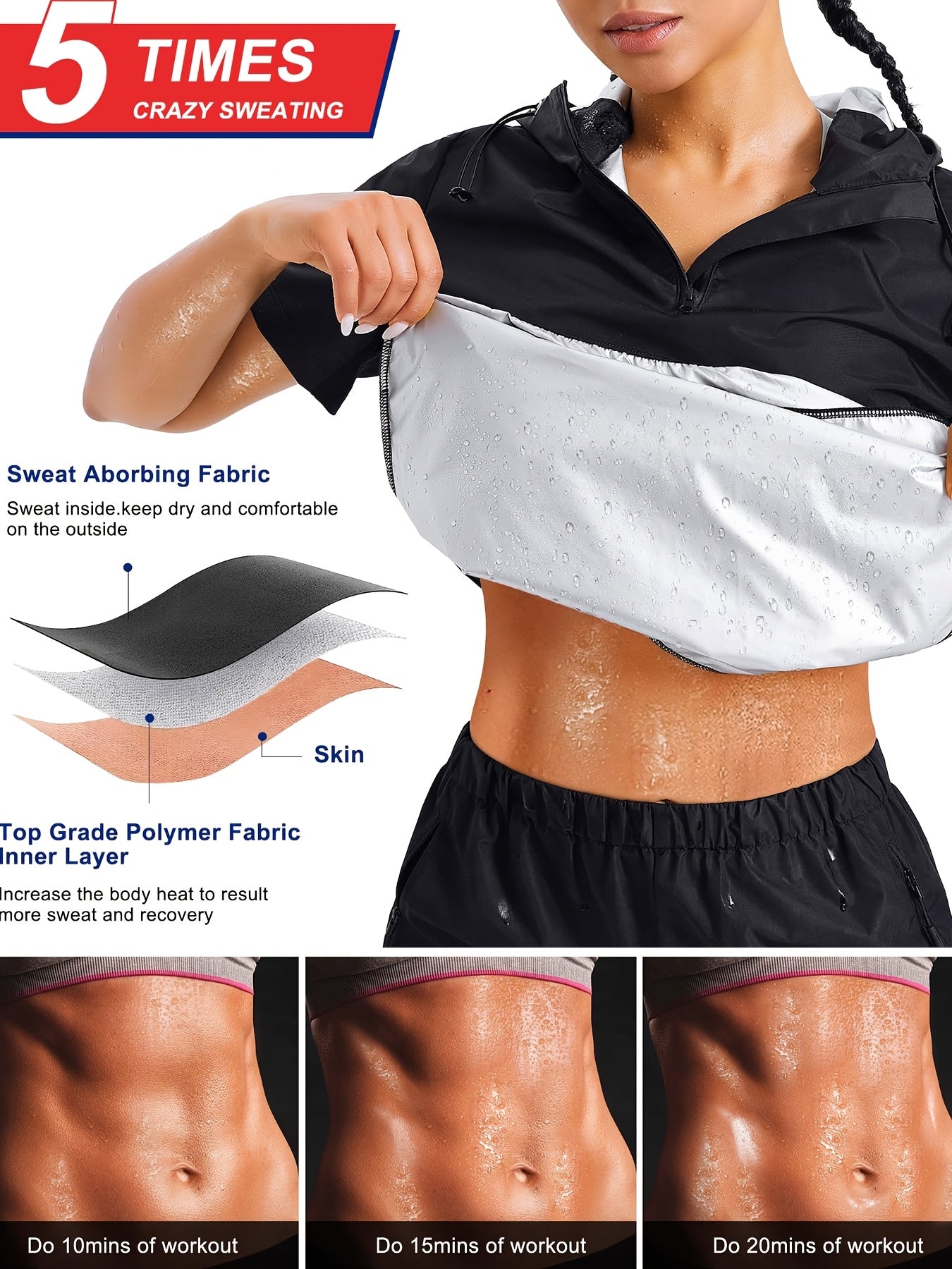 Plus Size Women's Sauna Jacket - Workout Top with Zipper Front, Moisture-Wicking Polyester, Stand Collar & Short Sleeves for Gym, Casual Wear - All-Season Body Shaper, Gym Apparel, Sleek Sporty Design, Medium Elasticity