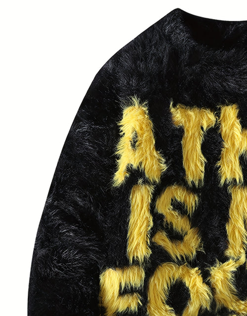 Load image into Gallery viewer, Men&#39;s Thick Fuzzy Sweater with Fleece &amp; &quot;THIS IS MY FOCUS&quot; Letter Print - White/Black Winter Warm Coat Jacket-like Collar, Loose Fit Round Neck Pullover for Casual &amp; Wear (No-Sew Design)
