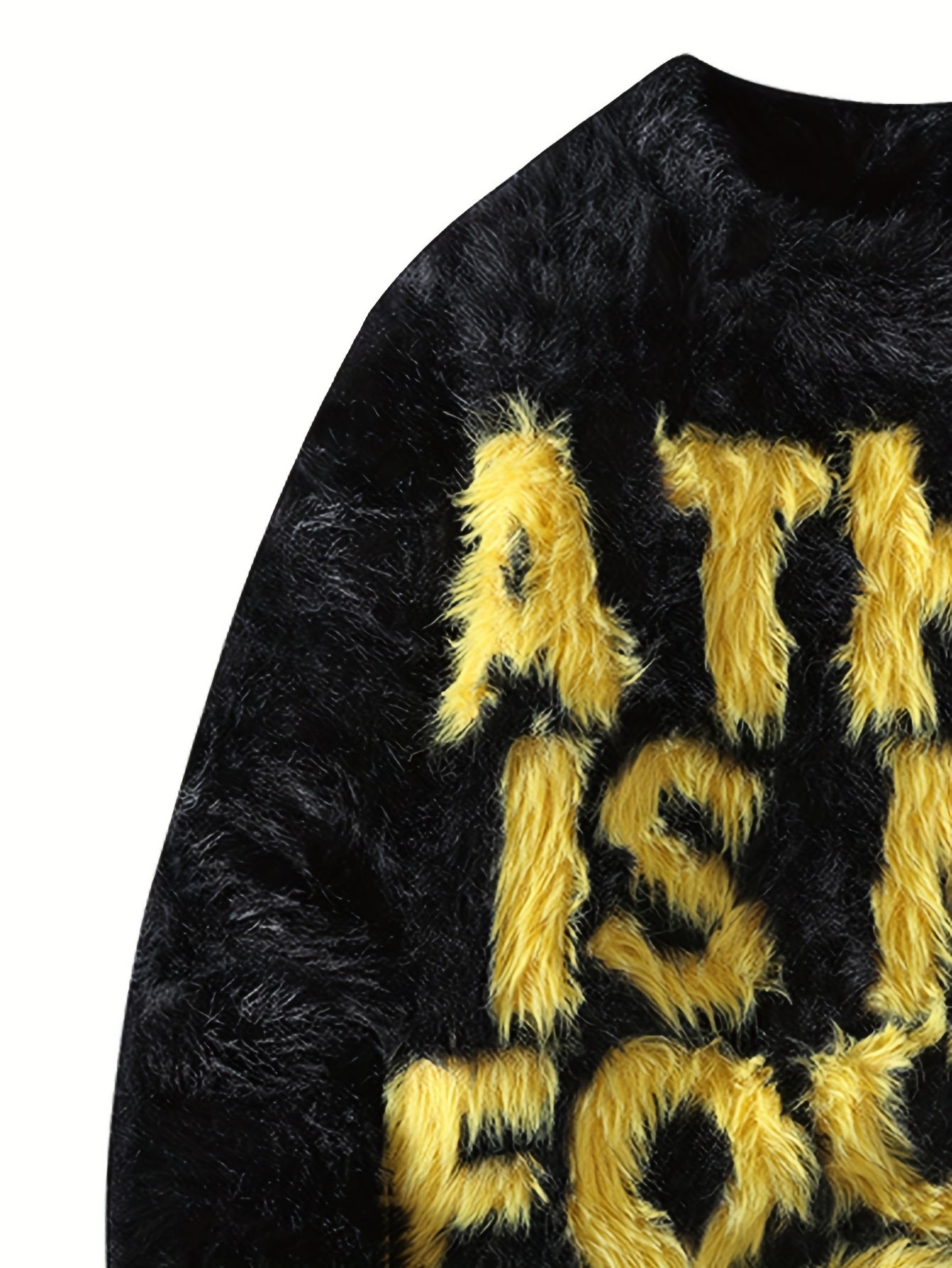 Men's Thick Fuzzy Sweater with Fleece & "THIS IS MY FOCUS" Letter Print - White/Black Winter Warm Coat Jacket-like Collar, Loose Fit Round Neck Pullover for Casual & Wear (No-Sew Design)