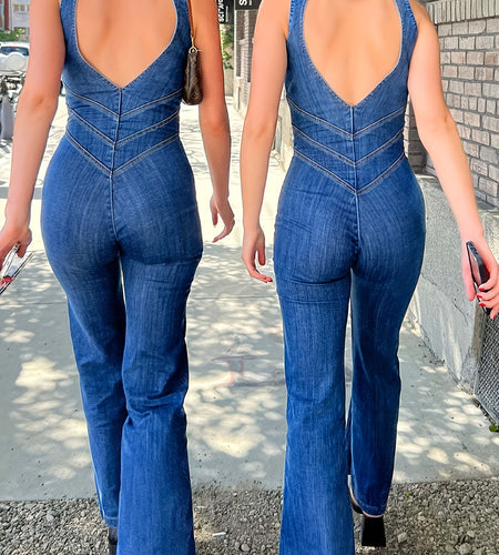 Slim Fit Sleeveless Fashion Street Retro Style High Waist Denim Jumpsuit