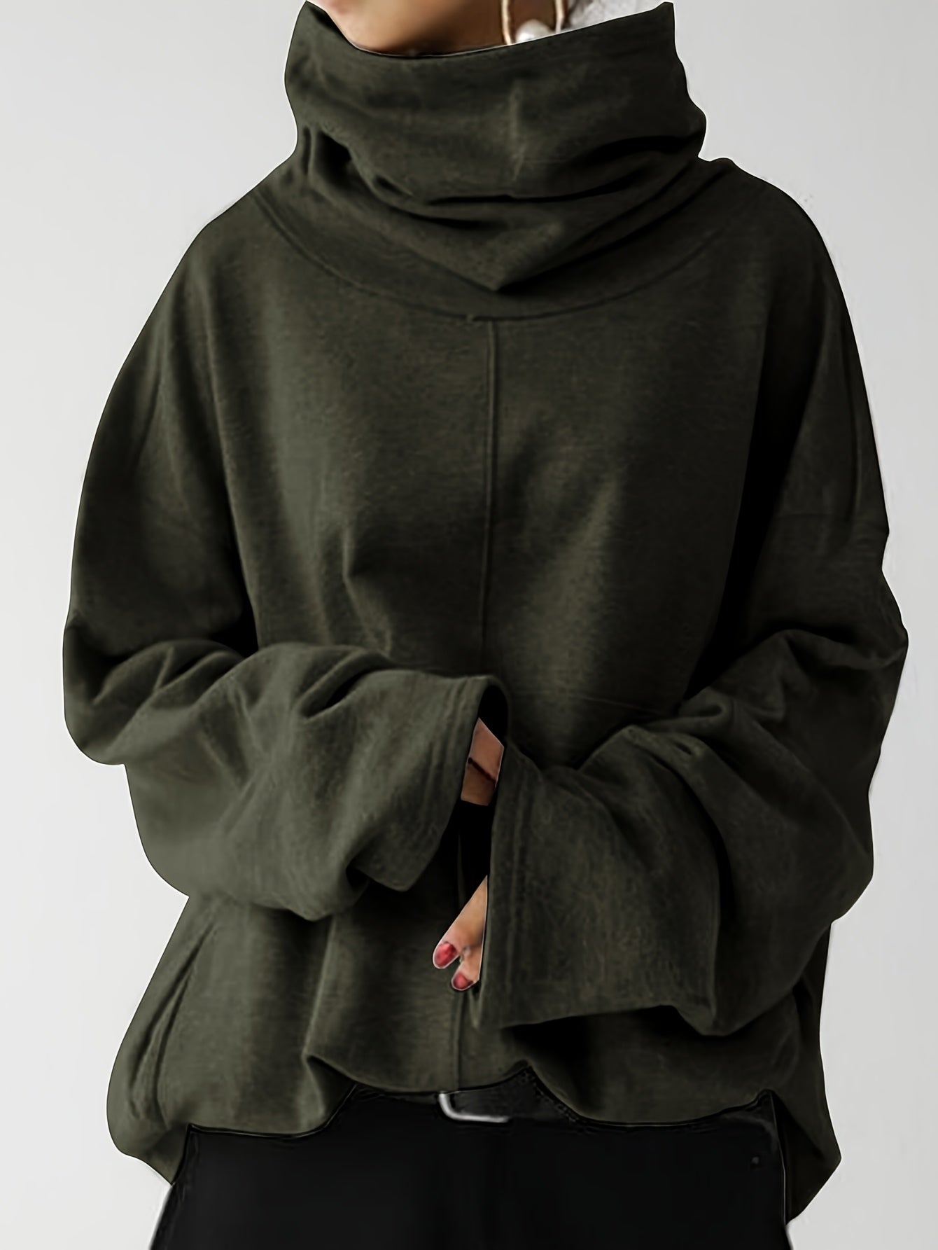 Plus Size, Women's Oversized Casual High Neck Pullover Hoodie with Front Pocket - Loose Fit Long Sleeve Solid Color Sweatshirt for Fall Winter, Plus Size Friendly
