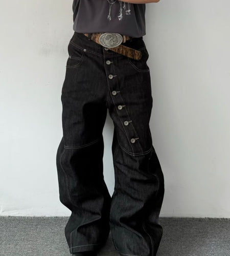 American Retro High Street Men Faux Denim Loose Fit Wide Leg Long Pants with Curved Button Design Trendy All Seasons