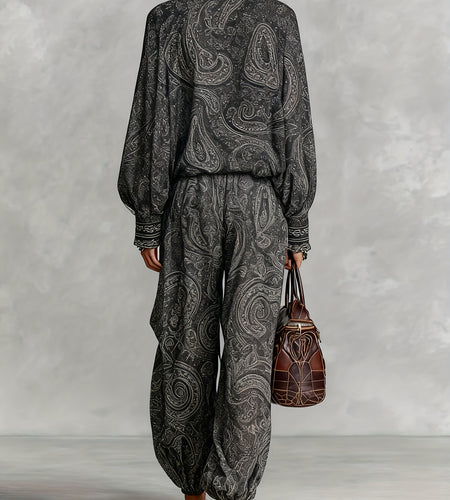 Women Elegant Vintage Paisley Print Chiffon Long-Sleeve Top with a Stand Collar, Paired with Loose-Fitting Wide-Leg Pants for Casual Everyday Wear
