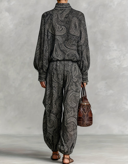 Load image into Gallery viewer, Women Elegant Vintage Paisley Print Chiffon Long-Sleeve Top with a Stand Collar, Paired with Loose-Fitting Wide-Leg Pants for Casual Everyday Wear

