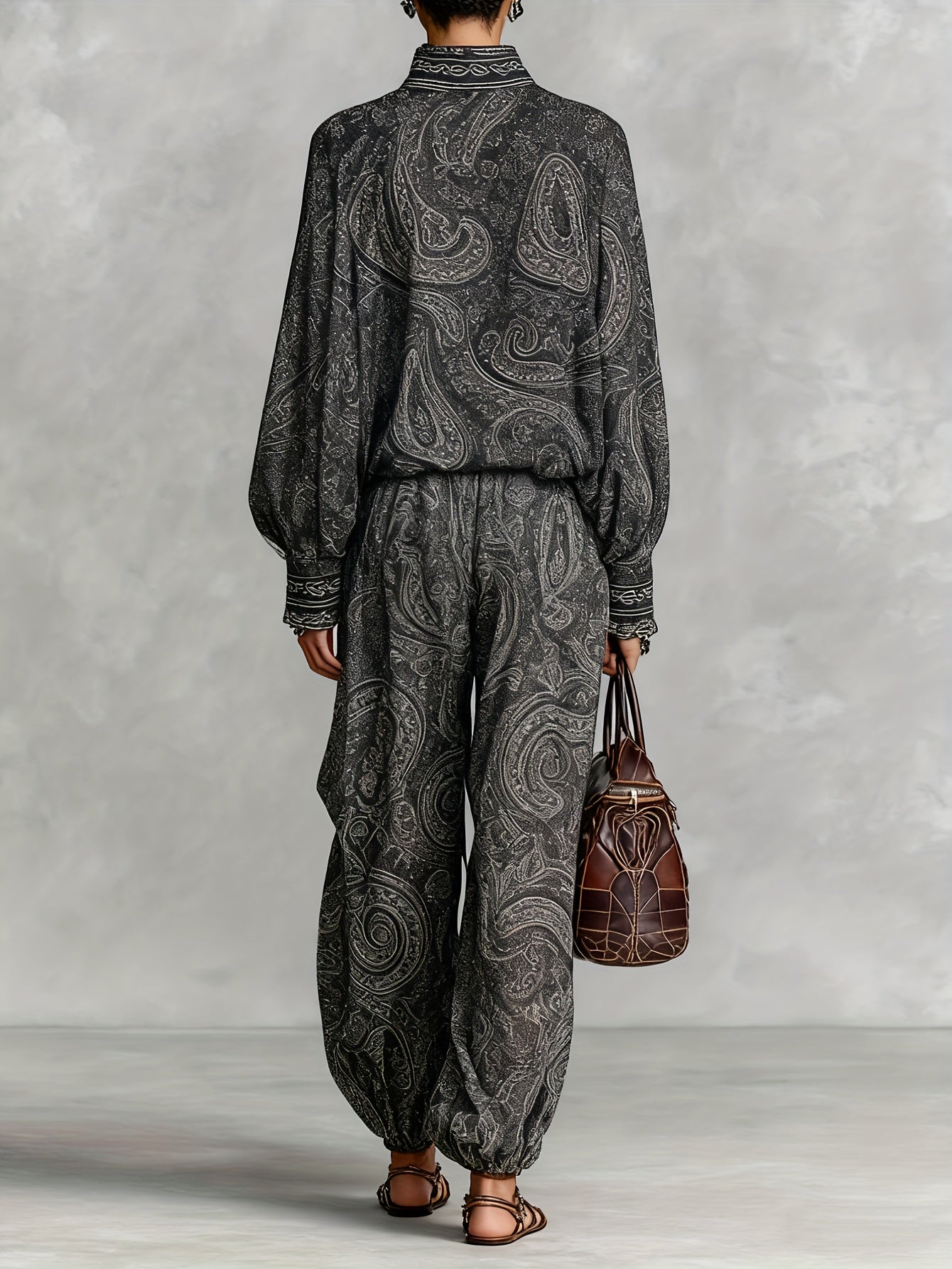 Women Elegant Vintage Paisley Print Chiffon Long-Sleeve Top with a Stand Collar, Paired with Loose-Fitting Wide-Leg Pants for Casual Everyday Wear