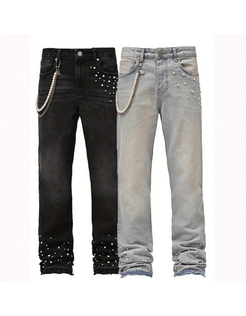 Load image into Gallery viewer, Men Slim-Fit Stretch Denim Jeans with Raw Hem &amp; Metallic Accents -  Light Blue &amp; Black, Comfortable &amp; Stylish for Casual Attire, Versatile Clothing, Trendy Streetwear, Durable Fabric
