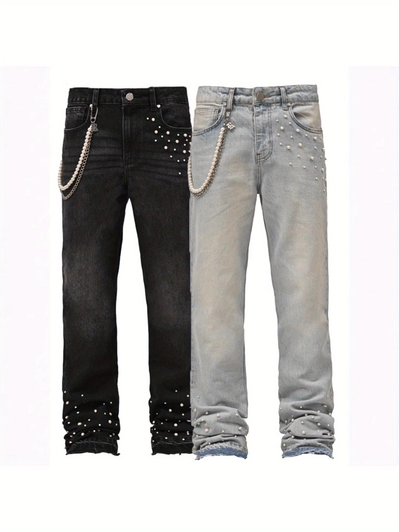 Men Slim-Fit Stretch Denim Jeans with Raw Hem & Metallic Accents -  Light Blue & Black, Comfortable & Stylish for Casual Attire, Versatile Clothing, Trendy Streetwear, Durable Fabric