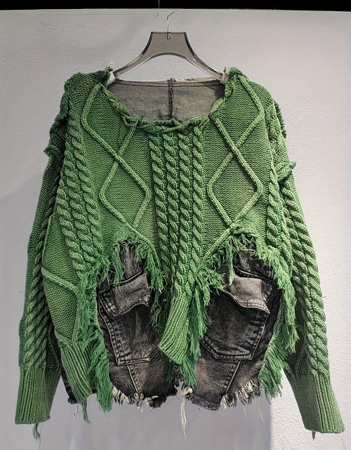 Load image into Gallery viewer, Trendy Braided Patchwork Denim Crewneck Long-Sleeve Cropped Sweater for Women, Fall/ Winter 2025
