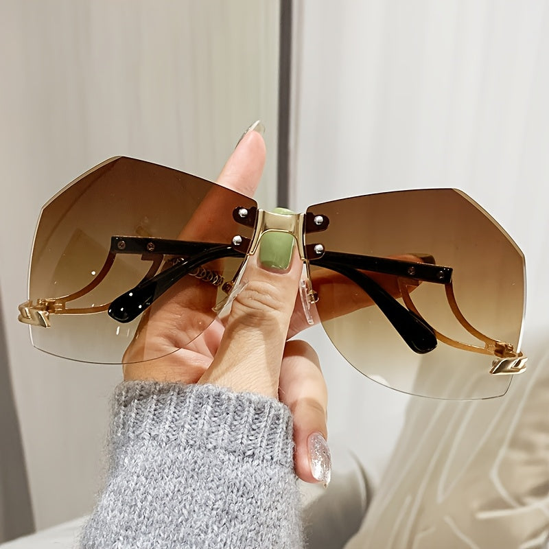 Frameless Oversized Fashion Glasses for Women - Gradient Pink to Clear Lenses, Hollow-Out Temple Arms, Protection & Anti-Glare Coating, Luxury Fashion Accessories