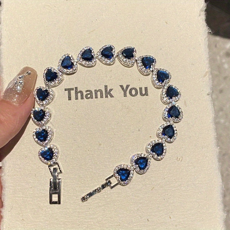 Vintage-Inspired Dark Blue Heart Zirconia Bracelet - French Royal Style, Luxurious Alloy with Cubic Zirconia Accents