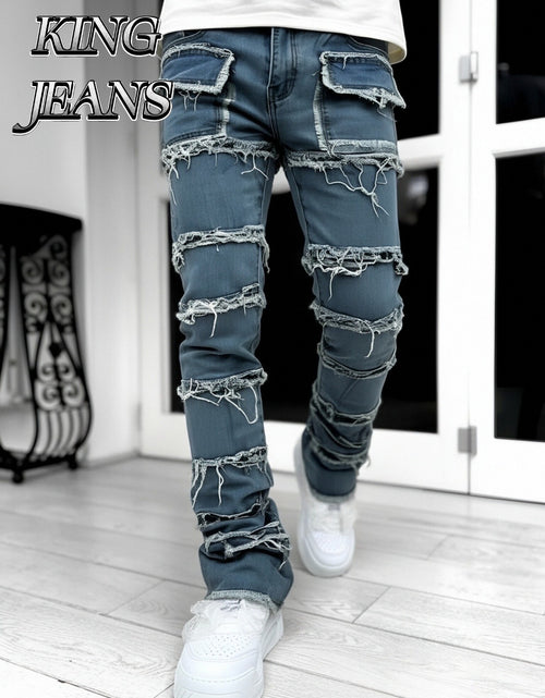 Load image into Gallery viewer, - Men Slim Straight Denim Trousers Featuring Layered Rips And Patchwork - Mid-Rise with a Zipper, Fringed Design, Ideal for Street Fashion,

